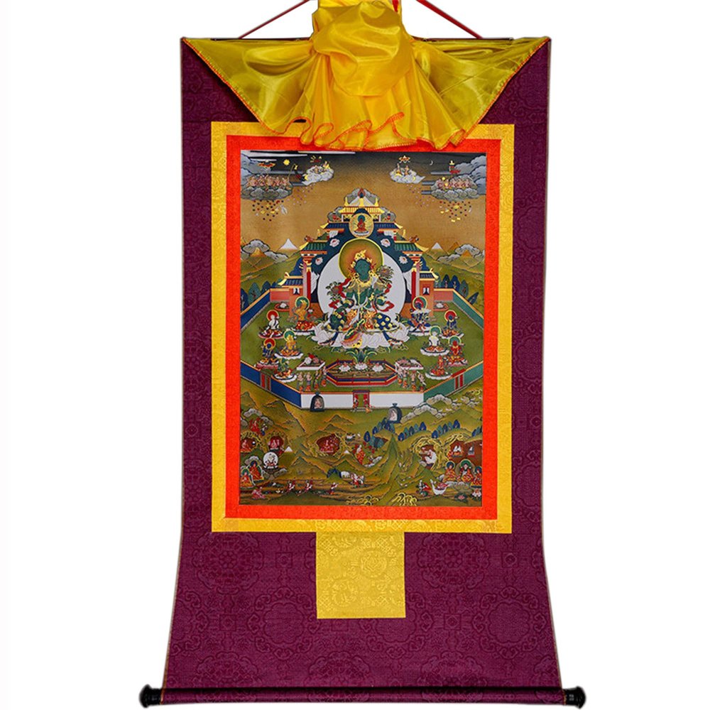 buddha tapestry, Tibetan thangka,thangka painting,buddhist tapestry,Tantric Tibetan Buddhist Thangka Wall Hanging,Green Tara in Mandala,Khadiravani,Jetsun Dolma,Hot Stamping Brocade Buddhist Tapestry