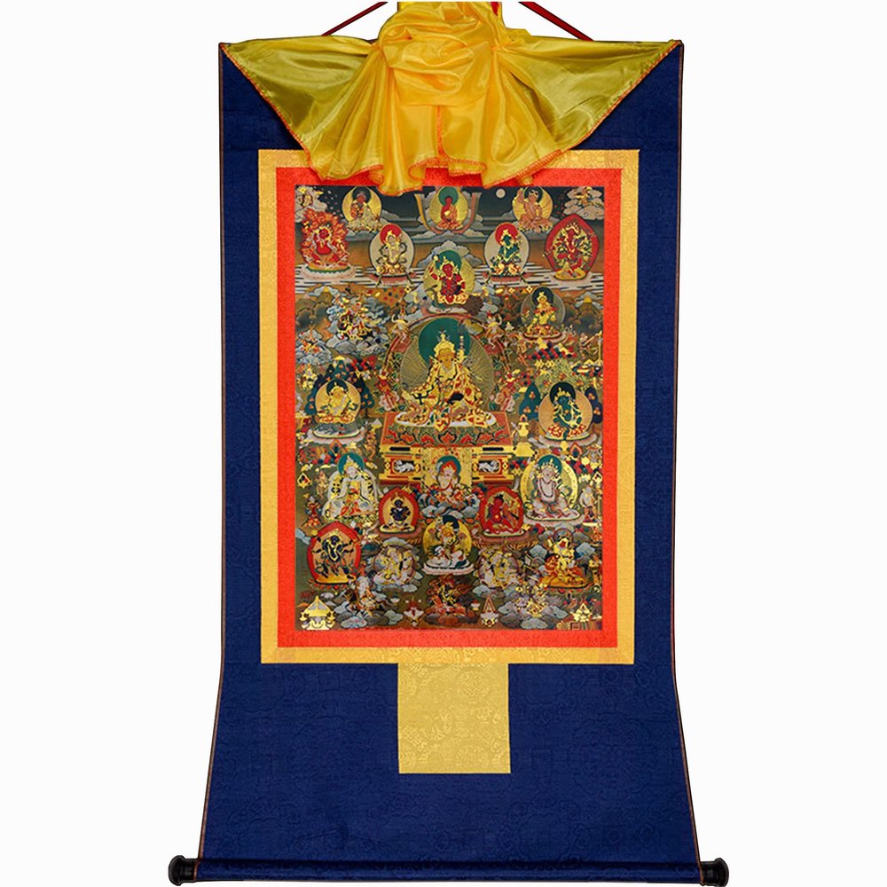 buddha tapestry, Tibetan thangka,thangka painting,buddhist tapestry,Guru-Saint Padmasambhava and 23 Jambhalas,Gods of Wealth, Tibetan Thangka Painting Art,Buddhist Thangka Brocade,Buddha Tapestry with