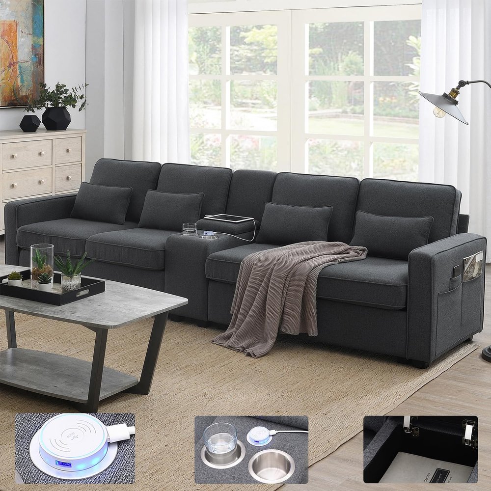 114" Living Room Sectional Sofa,Modern Comfortable Upholstered Fabric 4 Seater Sofa with Wireless Charging  Storage Table,2 Cup Holders and Dual USB Ports for Living Room/Office (Dark Gray)