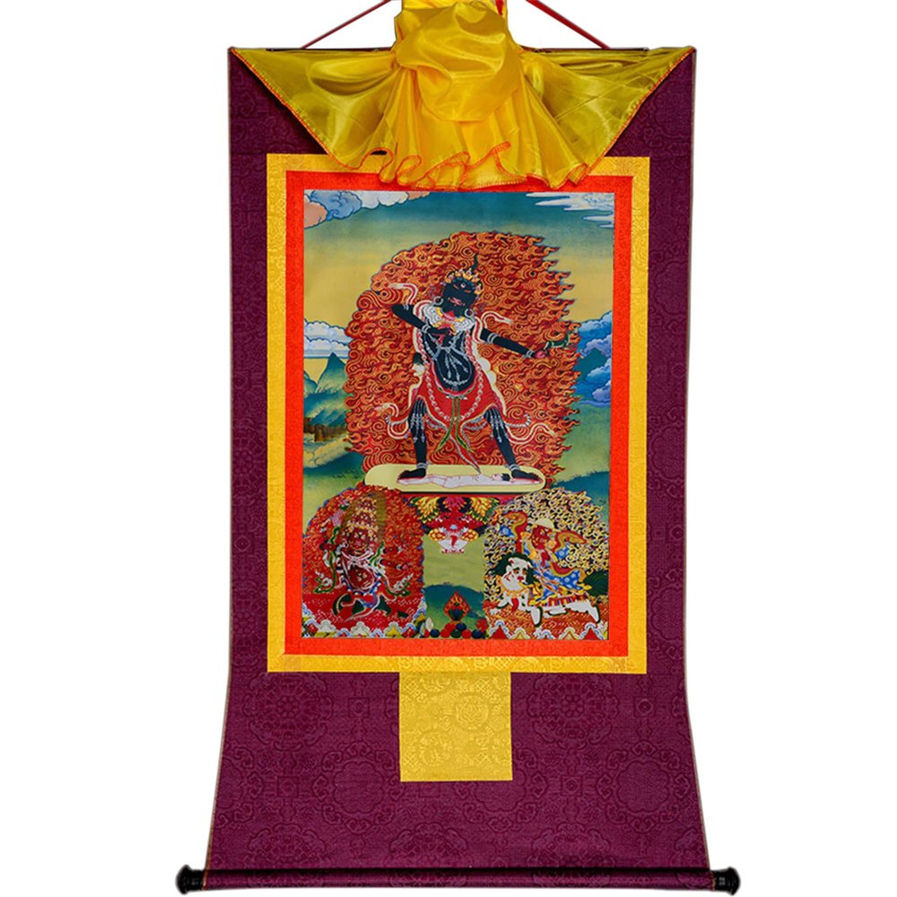 buddha tapestry, Tibetan thangka,thangka painting,buddhist tapestry,Three Dharmapalas of The Gelugpa,Palden Lhamo,Mahakala,Yamantaka, Tibetan Thangka Painting Art,Buddhist Thangka Brocade,Buddha Tapes