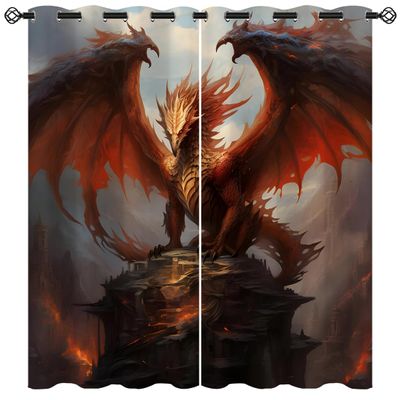 18TH CROZY Dragon Blackout Curtains for Girls Boy Home Decor, Medieval Fantasy Magical Red Animal Grommet Thermal Insulated Drapes Darkening Window Curtain for Bedroom Living Room, 42 x 45 Inch