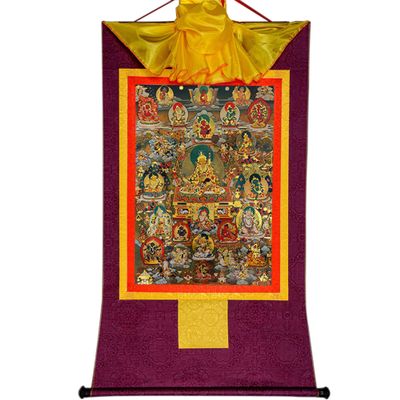 buddha tapestry, Tibetan thangka,thangka painting,buddhist tapestry,Guru-Saint Padmasambhava and 23 Jambhalas,Gods of Wealth, Tibetan Thangka Painting Art,Buddhist Thangka Brocade,Buddha Tapestry with
