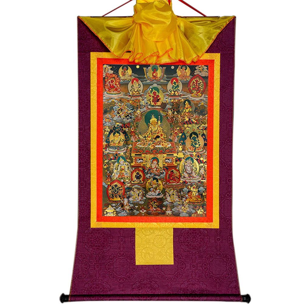 buddha tapestry, Tibetan thangka,thangka painting,buddhist tapestry,Guru-Saint Padmasambhava and 23 Jambhalas,Gods of Wealth, Tibetan Thangka Painting Art,Buddhist Thangka Brocade,Buddha Tapestry with
