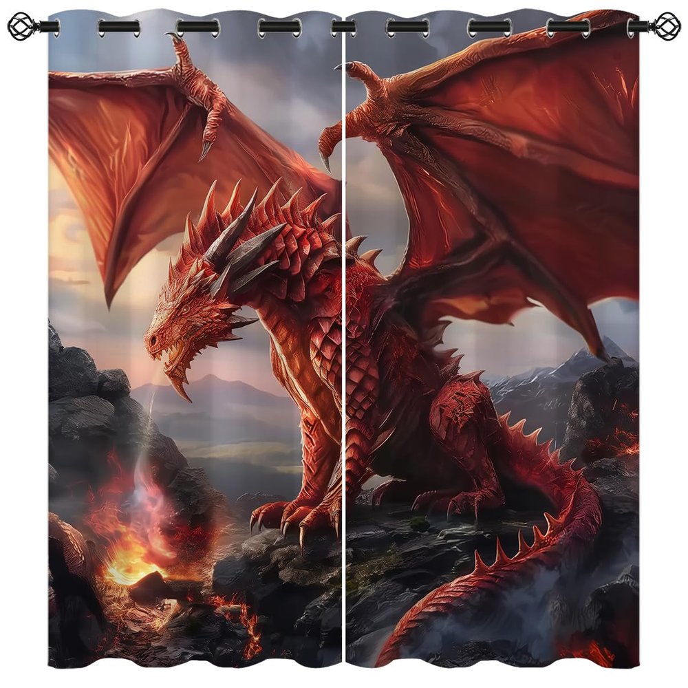 18TH CROZY Red Dragon Blackout Curtains for Girls Boy Home Decor, Fantasy Medieval Magical Animal Grommet Thermal Insulated Drapes Darkening Window Curtain for Bedroom Living Room, 72 x 63 Inch