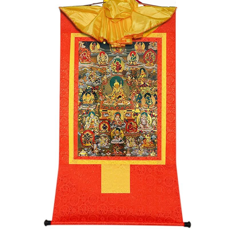 buddha tapestry, Tibetan thangka,thangka painting,buddhist tapestry,Guru-Saint Padmasambhava and 23 Jambhalas,Gods of Wealth, Tibetan Thangka Painting Art,Buddhist Thangka Brocade,Buddha Tapestry with