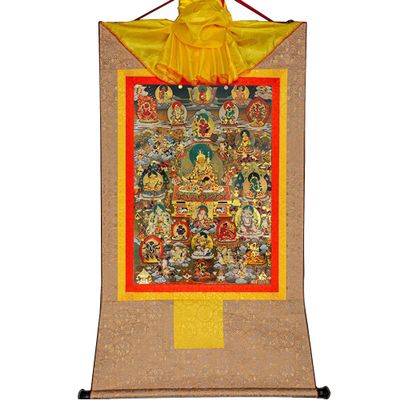 buddha tapestry, Tibetan thangka,thangka painting,buddhist tapestry,Guru-Saint Padmasambhava and 23 Jambhalas,Gods of Wealth, Tibetan Thangka Painting Art,Buddhist Thangka Brocade,Buddha Tapestry with