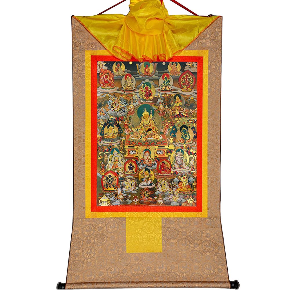 buddha tapestry, Tibetan thangka,thangka painting,buddhist tapestry,Guru-Saint Padmasambhava and 23 Jambhalas,Gods of Wealth, Tibetan Thangka Painting Art,Buddhist Thangka Brocade,Buddha Tapestry with