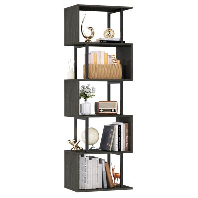 Furologee 6 Tier Bookshelf Tall Geometric Bookcase, S Shaped Industrial Display Standing Shelf, Metal and Wood Decorative Storage Room Divider Rack for Bedroom, Living Room, Office, Light Black Oak