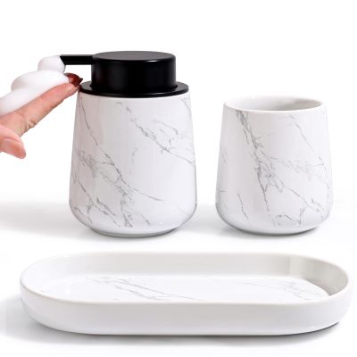 BosilunLife Bathroom Accessories Set 3 pcs - Bathroom Ceramic Foaming Soap Dispenser Set Farmhouse Marble Bathroom Decor, Foam Soap Dispenser and Toothbrush Holder/Tumbler Cup, Tray
