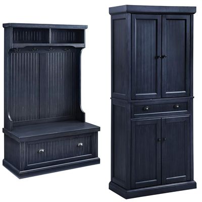 Crosley Seaside Hall Tree Entryway Bench Coat Rack Shoe Cabinet and Kitchen Pantry Cabinet Distressed Navy