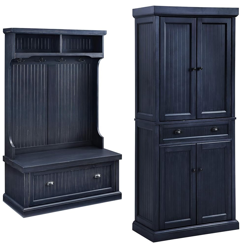 Crosley Seaside Hall Tree Entryway Bench Coat Rack Shoe Cabinet and Kitchen Pantry Cabinet Distressed Navy