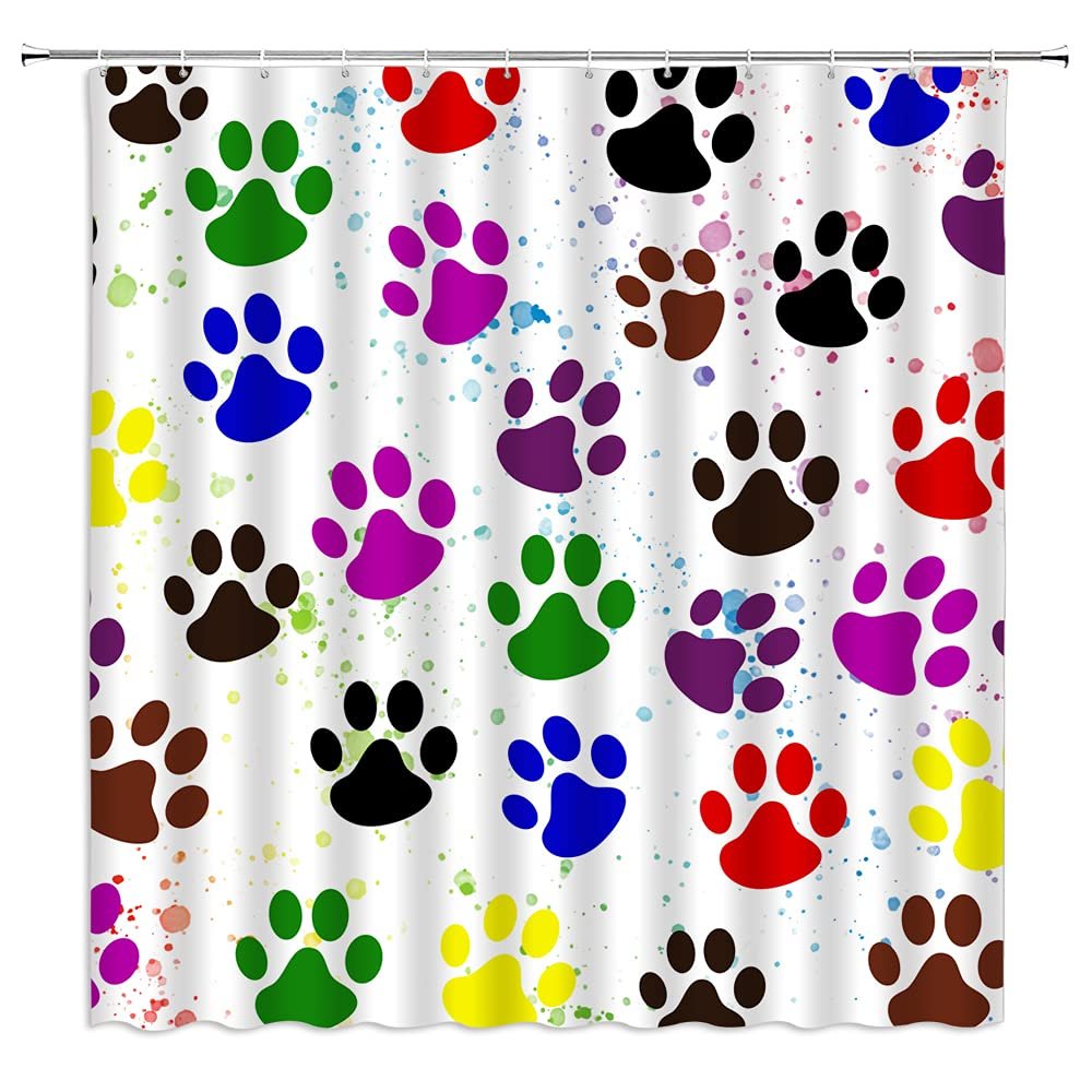 Dog Paws Shower Curtain Puppy Pawprint Creative Animal Paw Pattern Graffiti Colorful Inkjet Art Modern Print Fabric Bathroom Decor Set with Hooks(59" Wx70 H)