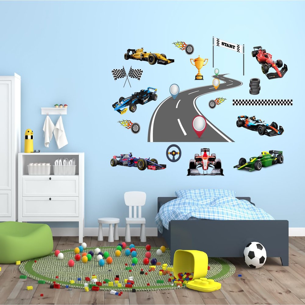 Racing Car Wall Decal for Kids Room - Race Cars Wall Decals for Bedroom - Vehicles Roads Wall Art Stickers - Tire Tracks F1 Sticker Art Vinyl Wallpaper - Hot Cars Wall Mural Sticker Decoration