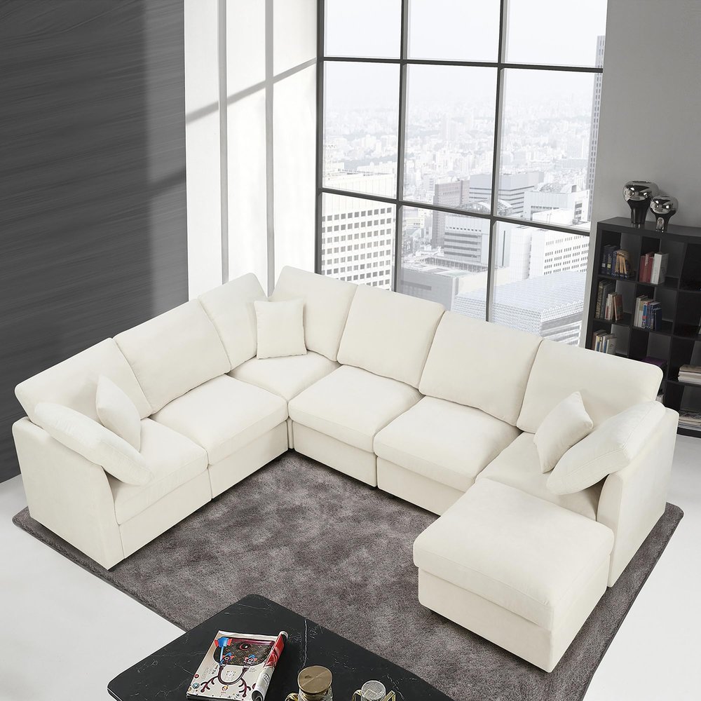 117" Modular Sectional Sofa,U Shaped Chenille Sofa Set with Movable Ottoman,Modern 7-Seat Cloud Sectional Couches for Living Room Home Office (New Beige, 117" U-7 Seater)