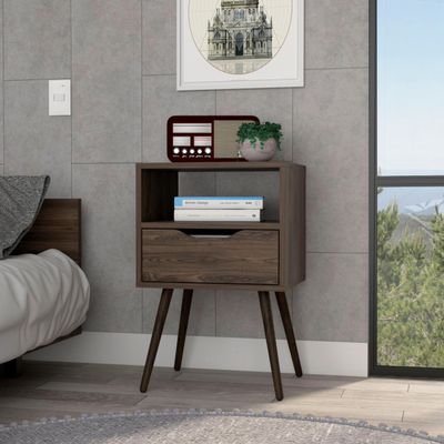 BEROXII Emma Nightstand, Superior Top, Four Legs, One Open Shelf, One Drawer, Dark Walnut