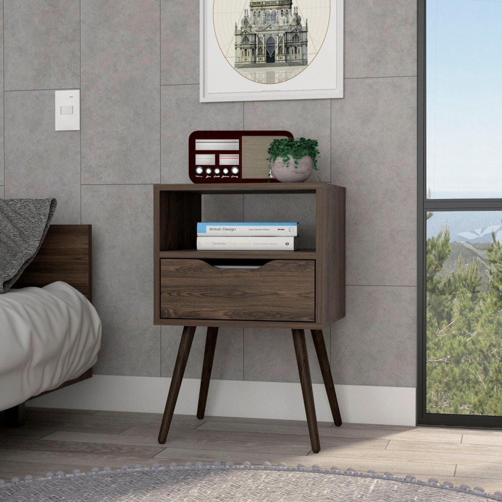 BEROXII Emma Nightstand, Superior Top, Four Legs, One Open Shelf, One Drawer, Dark Walnut