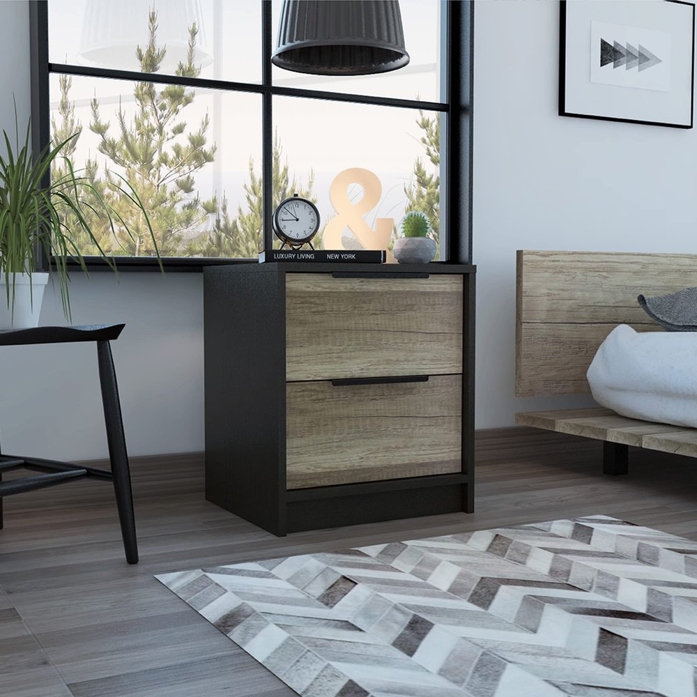 BEROXII Kaia Nightstand: Featuring Two Drawers, Metal Handle, and a Stylish Black/Pine Finish for Sleek Storage Solutions
