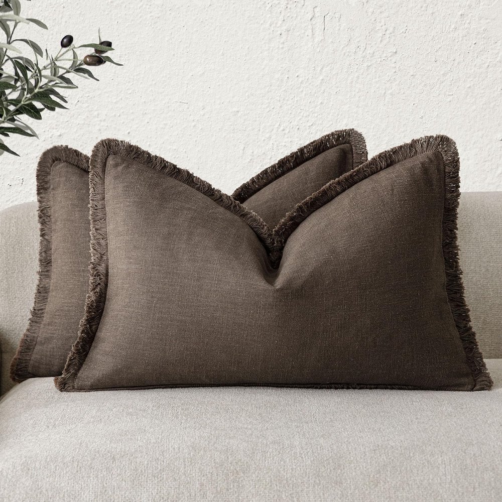 Foindtower Set of 2 Decorative Linen Fringe Lumbar Throw Pillow Covers Farmhouse Cushion Cover with Tassels Soft Accent Pillowcase for Couch Sofa Bed Living Room Home Decor,1220 Inch,Reddish Brown