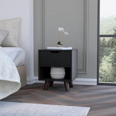 BEROXII Carthage Nightstand with 1-Drawer, 1-Open Storage Shelf and Wooden Legs