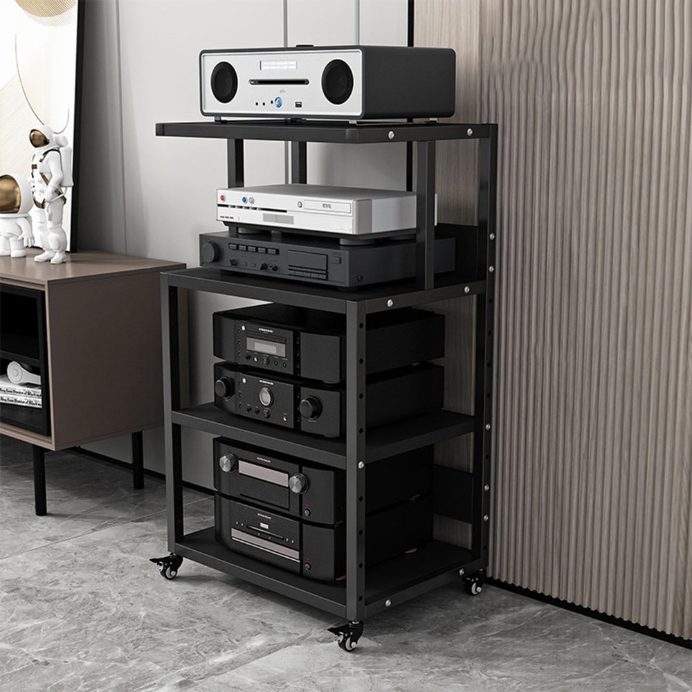 AErosx 4-Tier AV Media Stand with Pulleys, Gaming TV Stand and Stereo Rack Audio Tower with Adjustable Shelves, Multi-Function Open Storage Shelf,for Home/Office/DJ/Theater (Color : A)