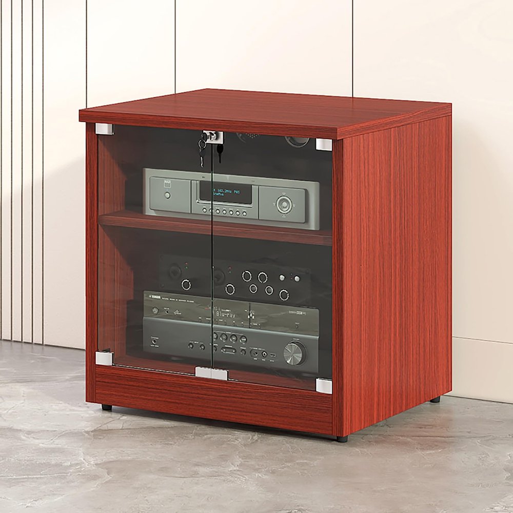Heavy Duty 2/3Tier Shelves Audio Video Media Stand Cabinet, Modern AV Cabinet with Glass Doors, Component Cabinet Stereo Rack Audio Tower with Height Adjustable Wooden Shelves ( Color : Teak , Size :