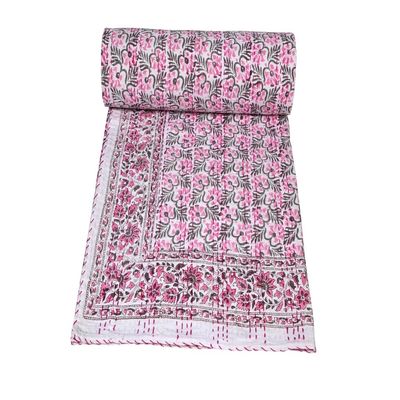 MAVISS HOMES Indian Block Print Quilt Kantha Quilts Queen Size Kantha Throw Quilt Blanket Kantha Bedspreas Pure Cotton Quilt King Size Quilt Indian Quilt (Pink, Twin 90 X 60 Inch)