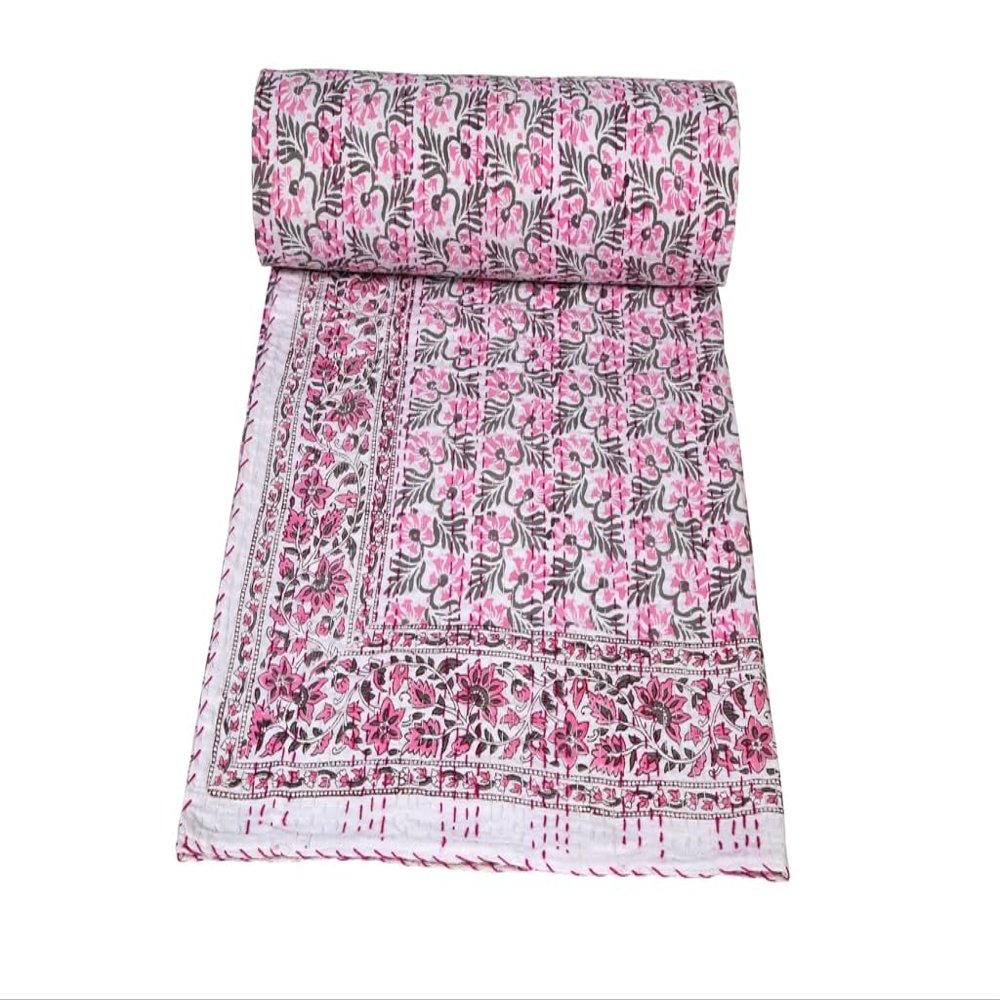 MAVISS HOMES Indian Block Print Quilt Kantha Quilts Queen Size Kantha Throw Quilt Blanket Kantha Bedspreas Pure Cotton Quilt King Size Quilt Indian Quilt (Pink, Twin 90 X 60 Inch)