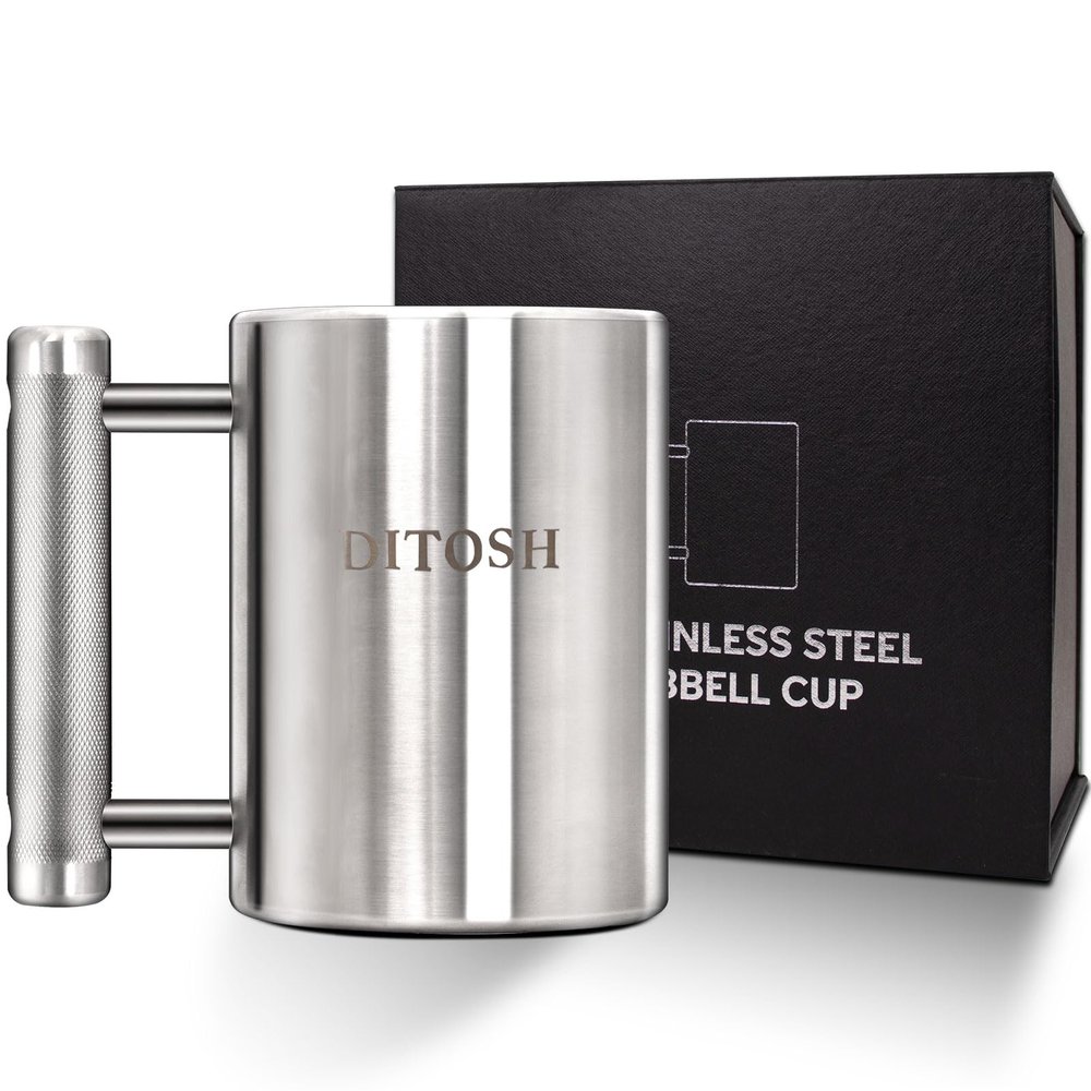 DITOSH 8kg 17.6lb Heavy Coffee Mug Challenge 304 Stainless Steel Dumbbell Cups Silver Overweight Sports Water Cup for Fitness Training Arm Strength Prank Gift Home Gym Workout Equipment 300ml 10.2oz