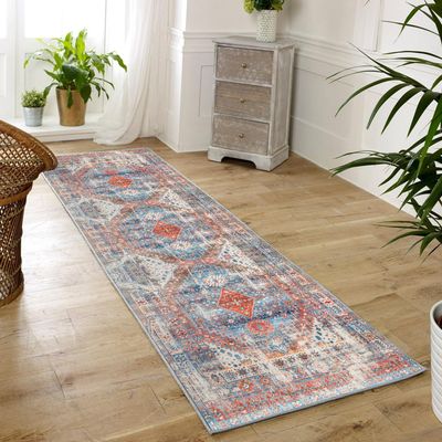 KIZYRQ Runner Rugs for Hallway, 3' x 5' Washable Rug with Rubber Backing, Distressed Vintage Entryway Mat Area Carpet for Kitchen Bedroom, Easy to Care Low Pile Carpet, Thick 6mm