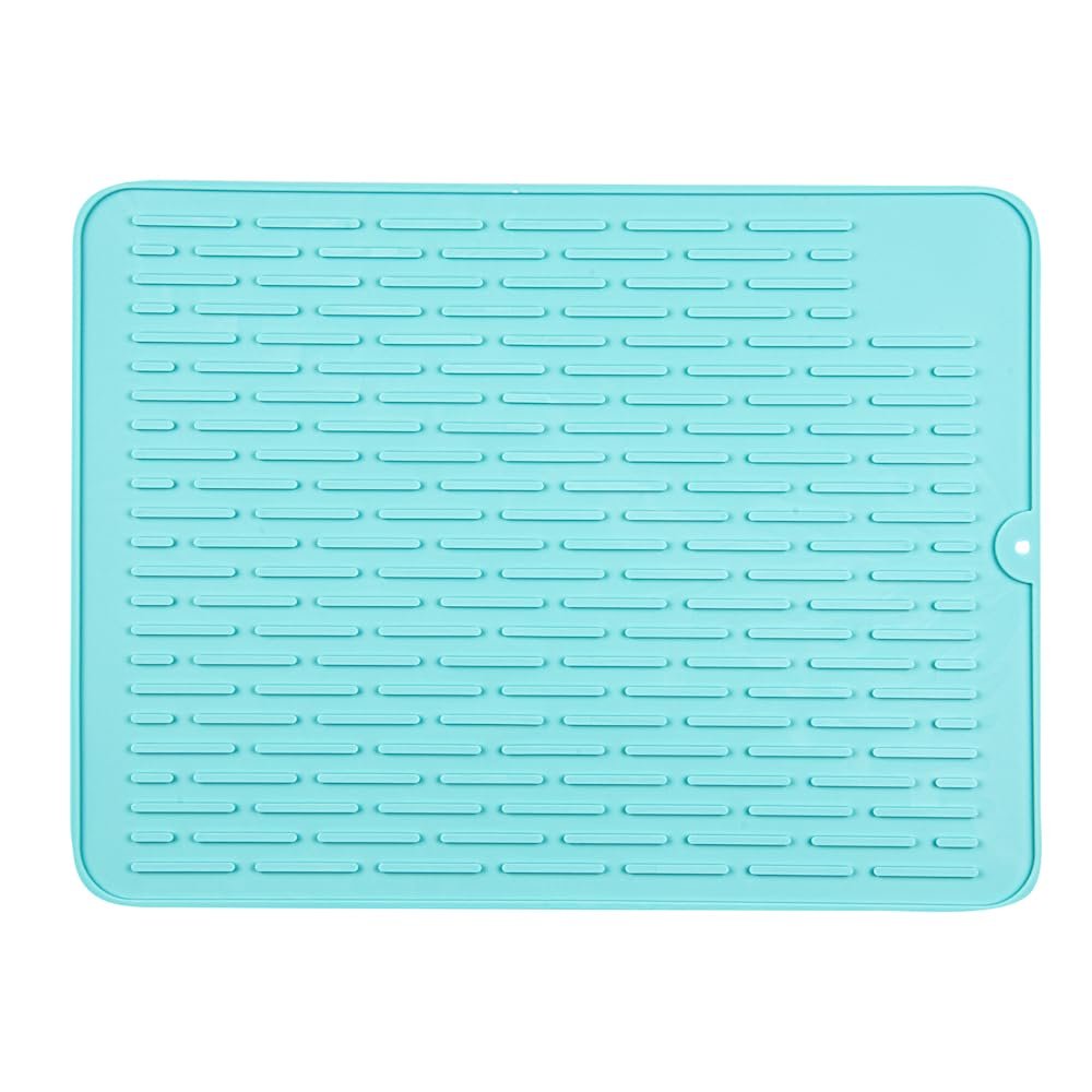 Restaurantware Silicone Drying Mat 1 Count 15.75 x 11.69 Inches Heat-Resistant Non-Slip Turquoise Kitchen Dish Mat, Waterproof Ribbed Dishwasher-Friendly for Cookware
