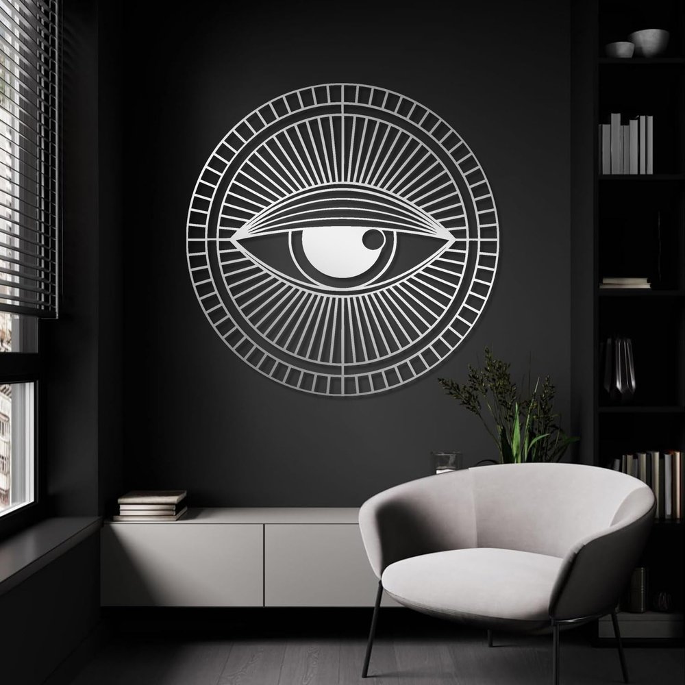 All Seeing Eye Metal Wall Decor, Evil Eye Wall Decor, Metal Evil Eye Art, Abstract Metal Wall Art, Boho Wall Decor, Spiritual Wall Art, Living Room Bedroom Decor, Housewarming Gift (19"x19"|47x47cm, Silver)