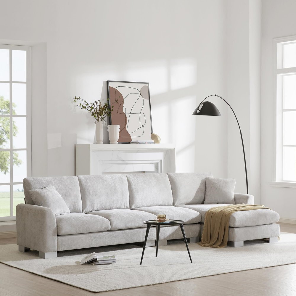 119" Chenille L-Shaped Sectional Sofa - Modern Oversized Modular Sofa Luxury Couch Set with 2 Pillows, 5-Seater Comfy Chenille Cloud Couch with Chaise for Living Room Apartment Office (Gray)