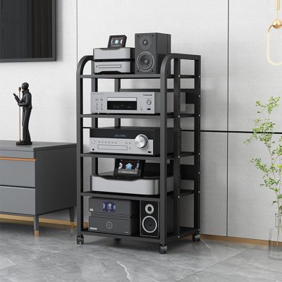 5 Tier Movable Media Storage Cabinet DVD CD Player Stand Stereo Rack Audio Video Component Media Stand with Height Adjustable Wooden Shelf for Home/Office/Theater, 50x40x100cm, Black (Color : A)