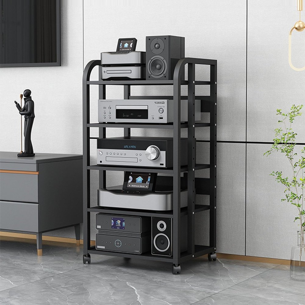 5 Tier Movable Media Storage Cabinet DVD CD Player Stand Stereo Rack Audio Video Component Media Stand with Height Adjustable Wooden Shelf for Home/Office/Theater, 50x40x100cm, Black (Color : A)