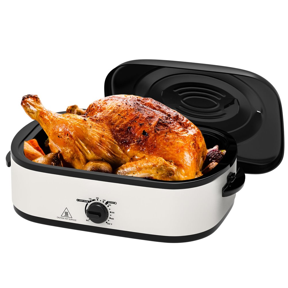 14 Quart Electric Roaster Oven, Turkey Roaster Electric, Roaster Oven Buffet, Selfbasting Lid, Removable Pan, Full-Range Temperature Control Cool-Touch Handles, White Body, Black Lid