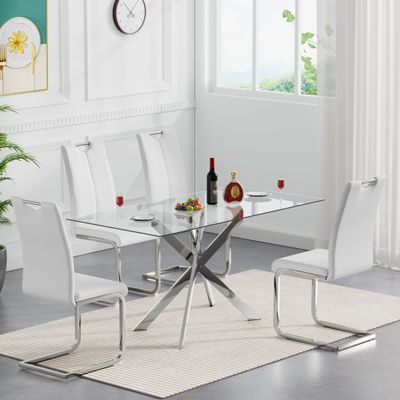 Minheola Dining Table Set for 4, Modern Kitchen Table Chairs Set of 4, Glass Dining Room Table Set with 4 White PU Leather Chairs, 5 Piece Kitchen Table Set for Small Space, Apartment, Dinette