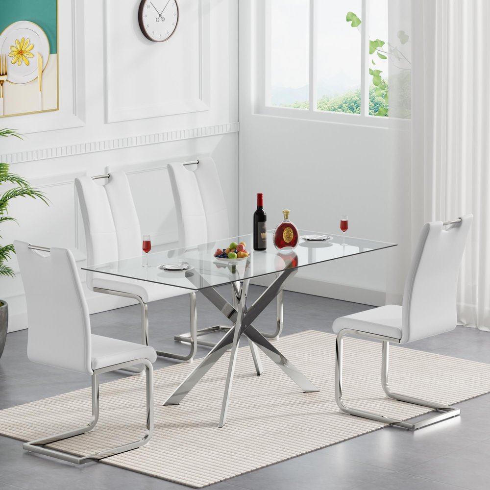 Minheola Dining Table Set for 4, Modern Kitchen Table Chairs Set of 4, Glass Dining Room Table Set with 4 White PU Leather Chairs, 5 Piece Kitchen Table Set for Small Space, Apartment, Dinette