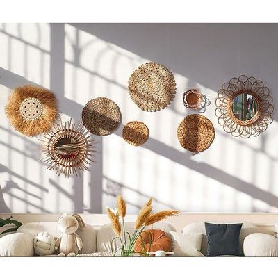 JINYANGHU Hanging Woven Wall Basket Decor Set of 8, Hanging Woven Basket Wall Decor, Boho Wall Decor Art for Rustic Farmhouse Home,Seagrass Basket Round Boho Wall Decor