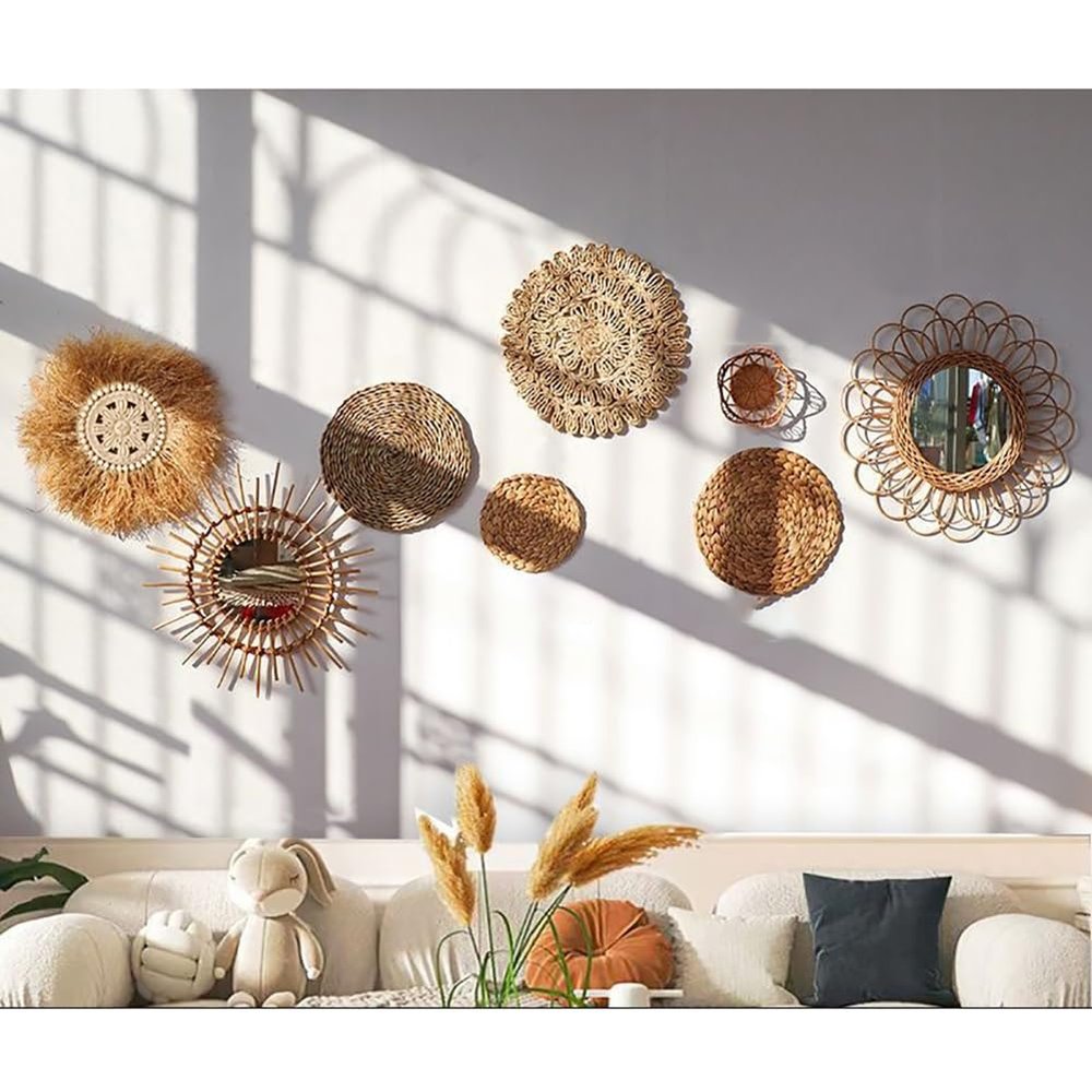 JINYANGHU Hanging Woven Wall Basket Decor Set of 8, Hanging Woven Basket Wall Decor, Boho Wall Decor Art for Rustic Farmhouse Home,Seagrass Basket Round Boho Wall Decor