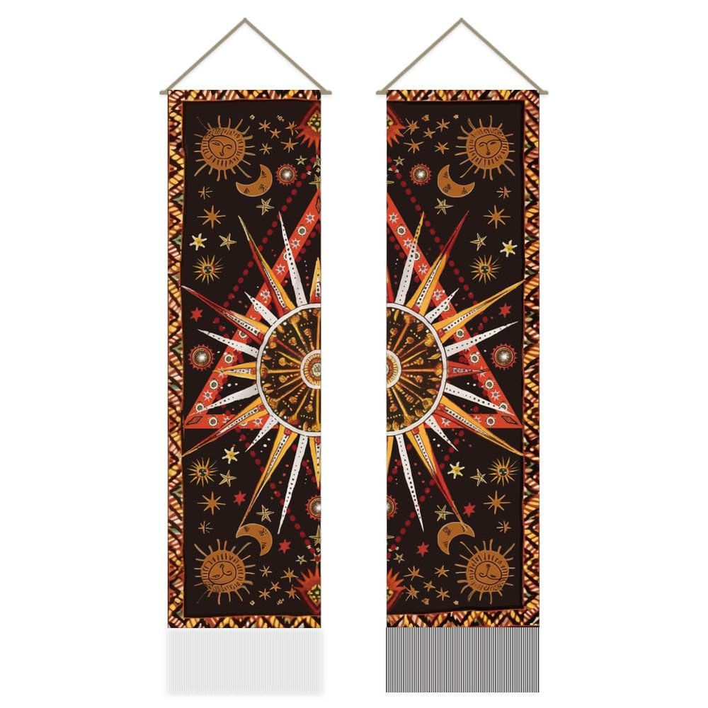 AHANDMAKER 2Pcs Celestial Sun and Moon Long Vertical Wall Hanging, Star Sun Tassel Wall Tapestry Mystic Aesthetic Tapestry for Bedroom and Living Room (45.7x13 Inch)