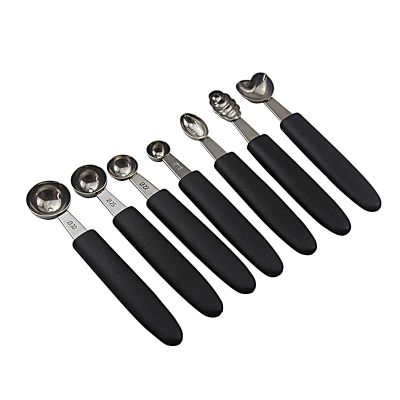 7Pcs Melon Baller Scoop Set,Stainless Steel Digger Ice Cream Watermelon Platter Scoop Digger with Easy Grip Rubber Handle(Black)