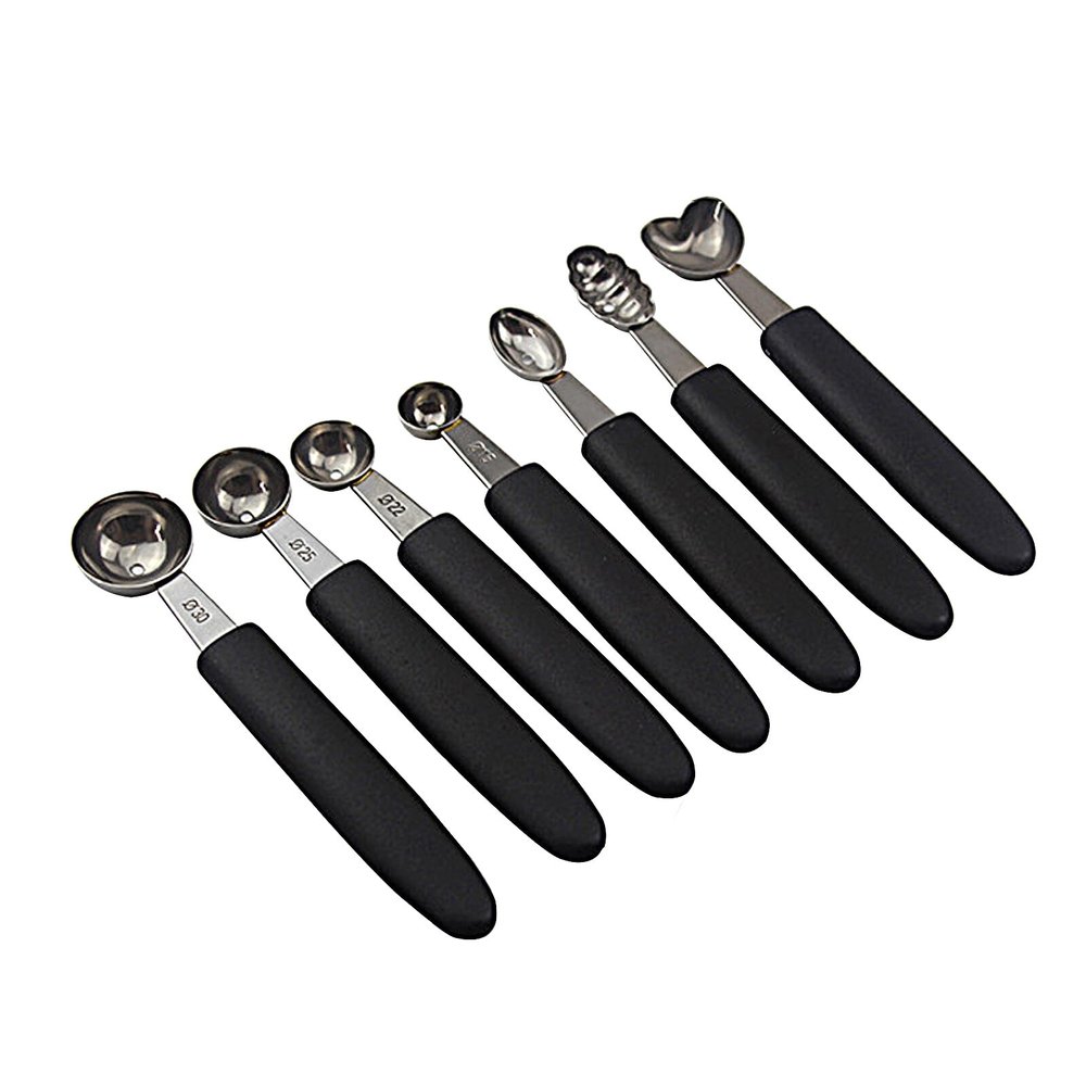 7Pcs Melon Baller Scoop Set,Stainless Steel Digger Ice Cream Watermelon Platter Scoop Digger with Easy Grip Rubber Handle(Black)