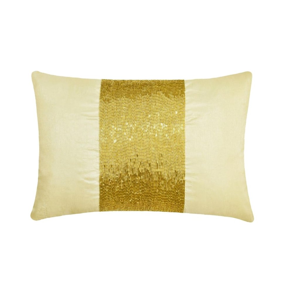 The HomeCentric Decorative Lumbar Pillow Cover Gold, Pack of 2, 12"x20" (30x50 cm) Art Silk Beaded, Hand Embroidered Pillow Cover for Sofa, Couch, Bed, Patio, Outdoor, Solid Modern - Glittering Gold