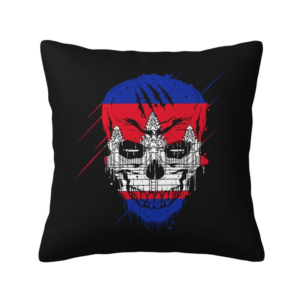 QIKLMMA Creative Cambodia Patriot Skull National Flag Throw Pillow Covers 18x18 Inch Double-Sided Cushion Cases Farmhouse Home Decor for Couch Bed Sofa, White, 3220044