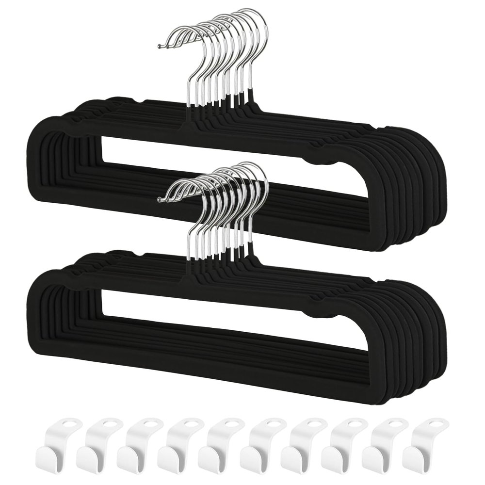 Pants Hangers Non Slip - 20 Pack Velvet Hangers for Closet - Thin Space Saving Clothes Hanger - Strong, Durable, Perchas Terciopelo with 360 Rotatable Hook for Jean, Tank Top, Bra, Shorts (Black)