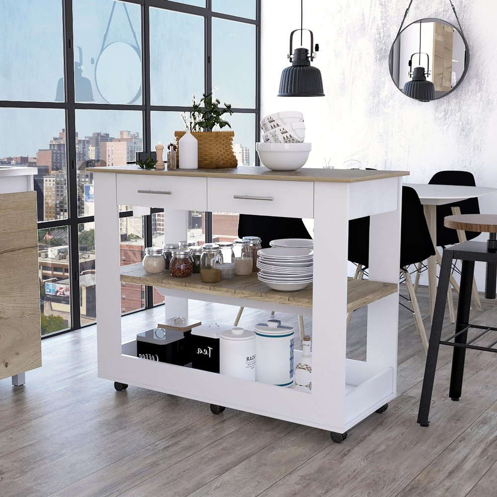 GOWE Rockaway 2-Drawer 2-Shelf Kitchen Island White and Light Oak