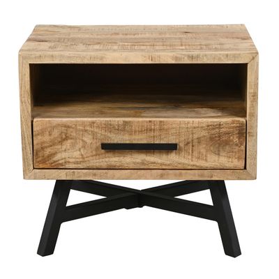 GOWE Bree 22 Inch Modern Rustic Single Drawer Nightstand, Brown Mango Wood Frame, Black Iron Angled Legs