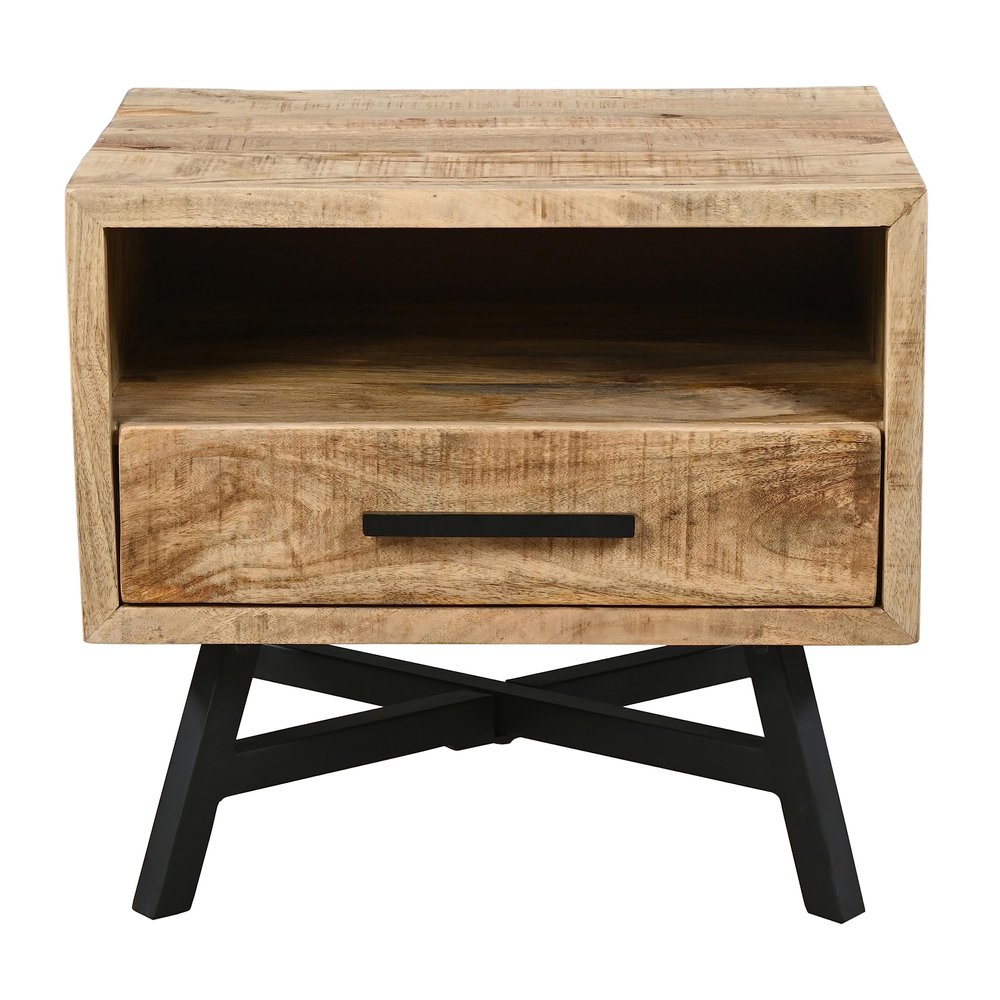 GOWE Bree 22 Inch Modern Rustic Single Drawer Nightstand, Brown Mango Wood Frame, Black Iron Angled Legs