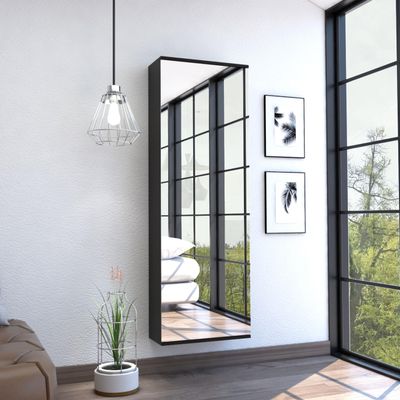 GOWE Leto Wall Mounted Shoe Rack with Mirror, Single Door, Capacity for Ten Shoes -Black