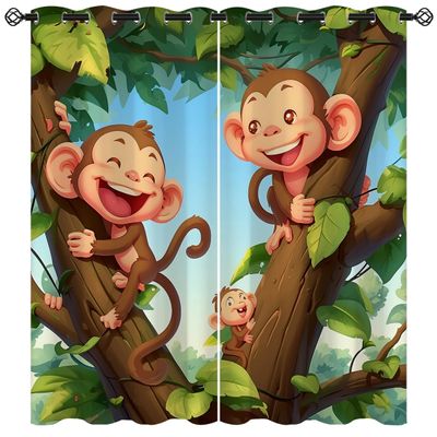 18TH CROZY Funny Monkey Blackout Curtains for Girls Boy Home Decor, Cute Nature Forest Wildlife Animals Grommet Thermal Insulated Drapes Darkening Window Curtain for Bedroom Living Room, 42 x 63 Inch